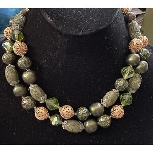 Vendome Double Strand Green Art Glass Bead Necklace